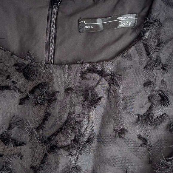 DAZY Black Feathery Fuzzy Short-Sleeve Mini Party Dress Black, Size S-M - Picture 10 of 15